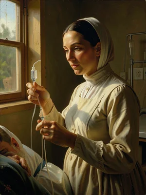 A nurse checking an IV drip, the warm hospital window light on her face, the pat