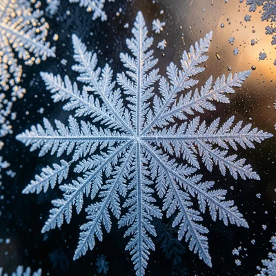 Ice crystal formation on window pane, fern-like frost pattern, macro