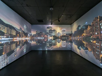 Camera obscura the size of a room, inverted city projected on all walls
