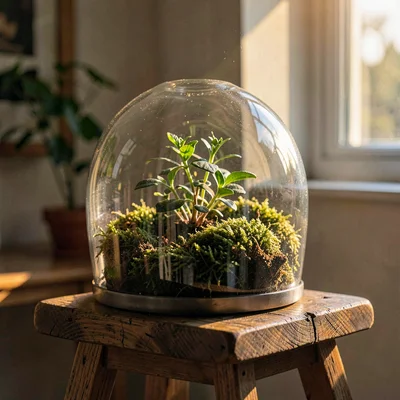 Quiet atmospheric ig-teaser of a single glass dome terrarium on a wooden stool,