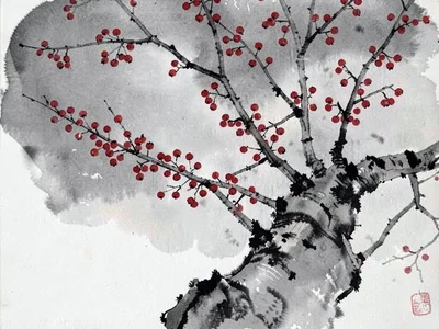 Mountain ash berries as red dots on gray