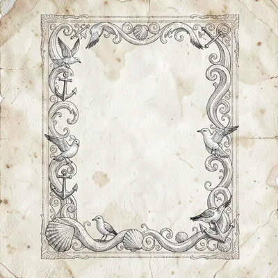 Ornamental character-sheet border of curling waves, anchors, gulls, and seashell