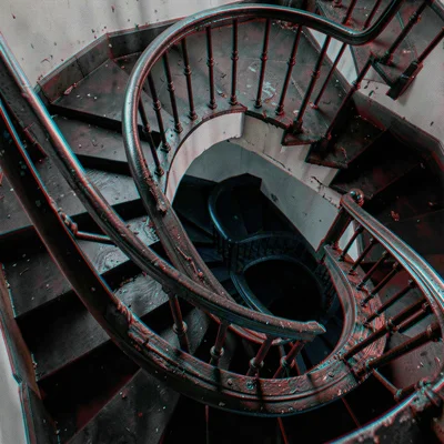Anaglyphic stereo 3D photograph, Victorian spiral staircase shot from below, iro