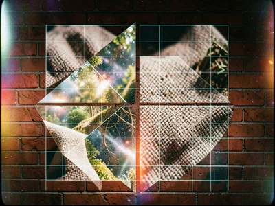 Brick wall texture double-exposed with woven fabric macro, two regular grids at 