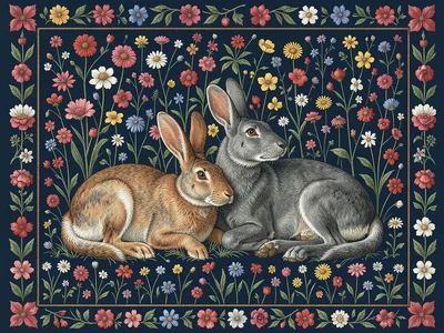 Rabbit and Greyhound on Dark Blue Millefleur