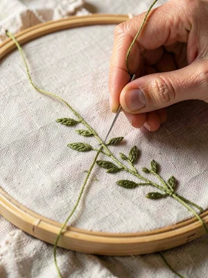 Hand Guiding Needle Through Botanical Vine Design