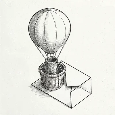 isometric drawing of a balloon basket and envelope, clean lines