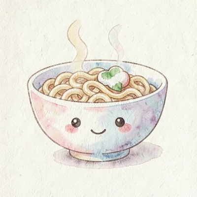 Soft kawaii recipe icon of a steaming bowl of noodles with a smiling face, isola