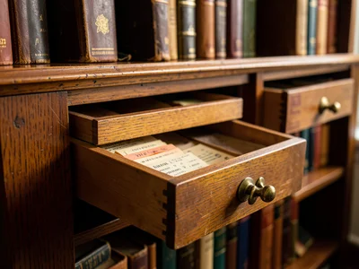 An old library card catalog, wooden drawers pulled out showing index cards, bras