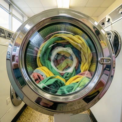 Close-up of a single front-loader porthole window during the spin cycle, the cir