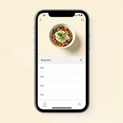 Flat UI mockup of a recipe app detail screen on a phone, abstract dish hero bloc