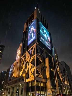 Art deco skyscraper with holographic advertisements on geometric facade, rainy n
