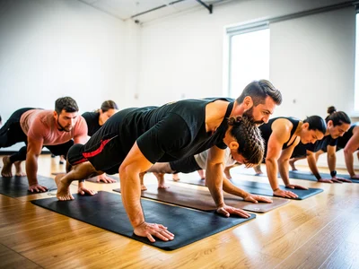 Group fitness class doing synchronized planks in a bright studio