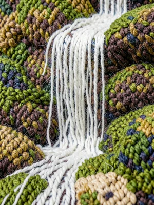 A waterfall cascading down mossy rocks, the water as white fringe yarn