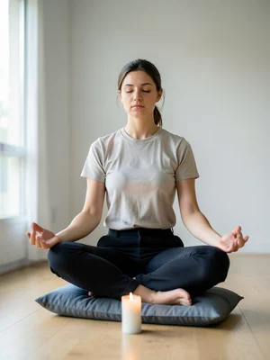 Person meditating cross-legged on a cushion in a minimalist room, single candle,