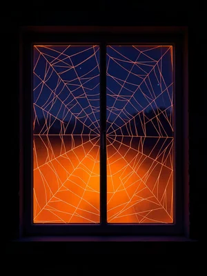 Window with spiderweb silhouette, orange glow from inside, exterior night view