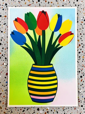 A vase of tulips — six tulips each in a different solid color, stems in dark gre