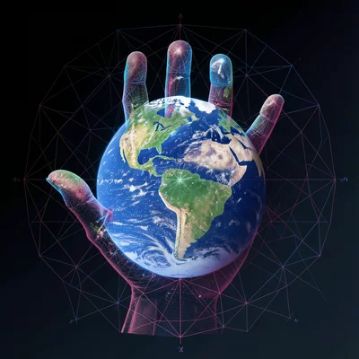 Hand print filled with satellite earth view, continents in palm, double exposure