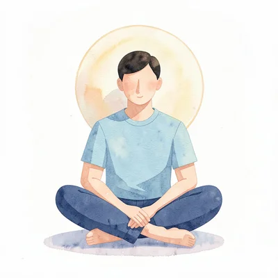 Flat geometric illustration of a person seated cross-legged with a soft halo beh