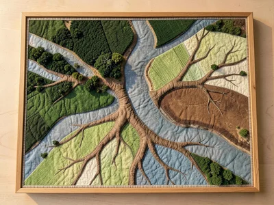 A river delta from above rendered as patchwork quilt, the main river channel spl