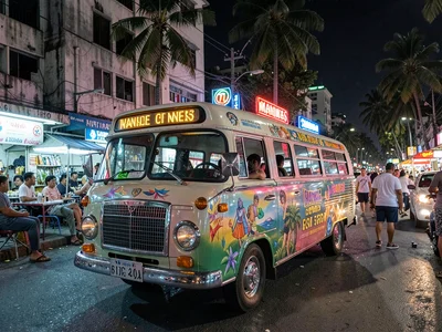 Jeepney chrome reflecting neon at night