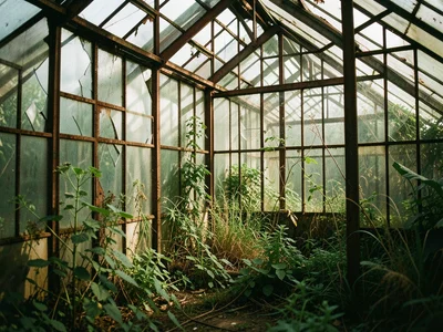 Greenhouse with broken glass panes, wild plants taking over, rusted iron frame, 