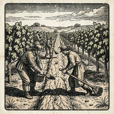 Peasants working in vineyard rows