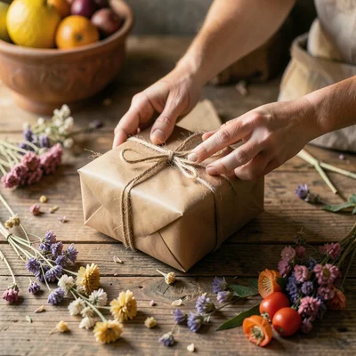Hands wrapping gift with brown paper, twine, dried flowers, wooden table