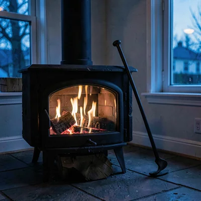 A wood stove with a glowing log and a single iron poker leaning at indigo dusk, 