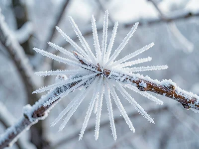 Frost growing outward from twig in rays