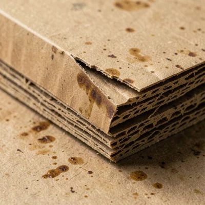 Old cardboard box corner, layers separating with age, delaminating plies reveali