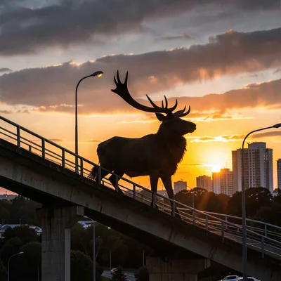 A magnificent stag silhouetted at dawn on a highway overpass
