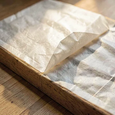 Texture of cellophane wrap on a sealed deck with one corner peeled, raking light
