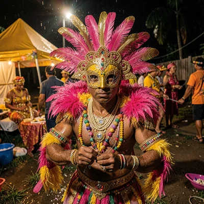 Vivid photograph with Trinidadian cultural fusion aesthetic, Carnival mas costum