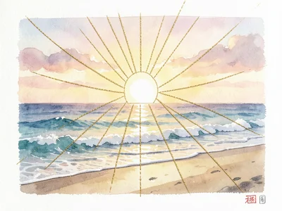 Sunset beach where sun rays are gold thread stitched onto photographic print
