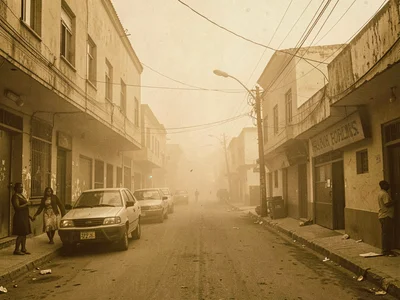 Street scene rendered in ochre monotone by dust filter