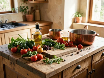 Kitchen island with fresh ingredients laid out: vegetables, olive oil, cutting b