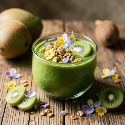 Vibrant green smoothie bowl topped with granola, sliced kiwi, and edible flowers
