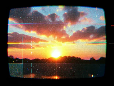 VHS pause of sunset recording, warm colors fragmented by horizontal displacement