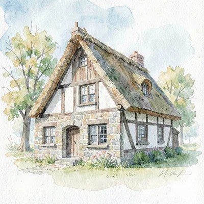watercolor of a stone-and-thatch folk building in spring light