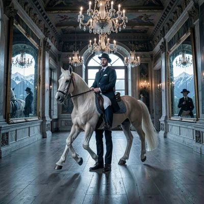 Crisp Alpine clarity, formal composition, Lipizzaner stallion in passage movemen