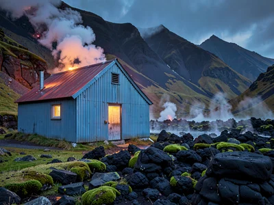 Volcanic otherworldly light in Iceland, a blue corrugated iron house against the