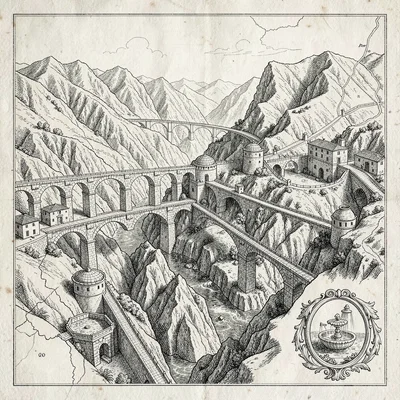 A Roman aqueduct-system map across a rugged province with arched bridges over va