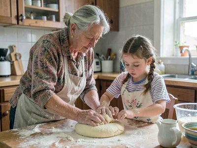 A grandmother teaching her granddaughter to knead bread dough in a flour-dusted 