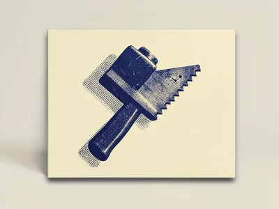 Riso style class-card motif of a halftone hammer and saw in spot navy on butter