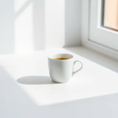Minimalist photography of a single white coffee cup on a clean matte surface, soft natural window light, subtle shadow, 