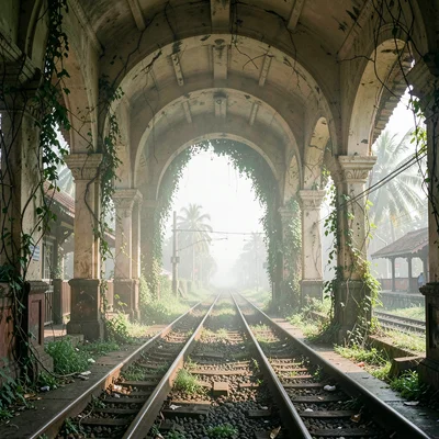 Tropical light on Sri Lankan colonial decay, Colombo Fort railway station interi