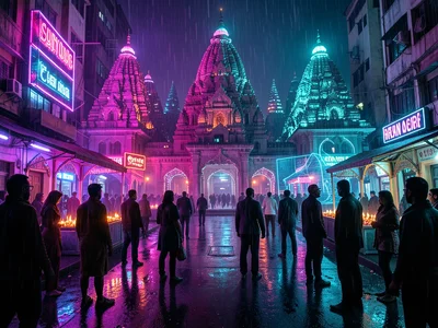 Temple complex at night with LED offerings replacing traditional oil lamps, devo