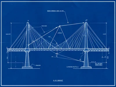 A bridge engineering diagram showing force vectors, cable tensions, and load dis