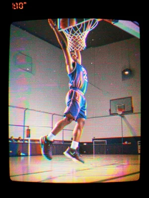 A basketball player frozen mid-dunk, body stretched by interlace artifacts